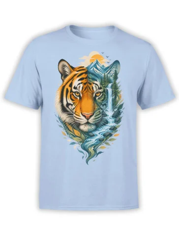 Light blue T-shirt with an artistic tiger portrait surrounded by mountains, pine trees, and waterfalls