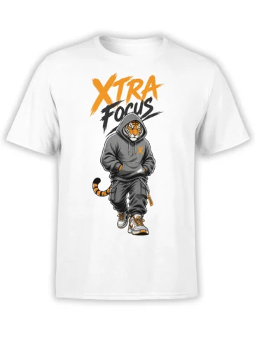 White T-shirt with hooded tiger character, orange-and-black XTRA FOCUS lettering, cargo pants, and sneakers