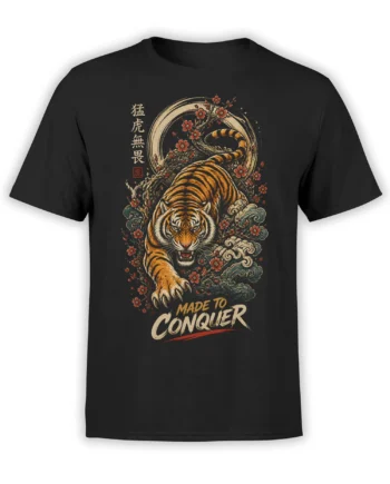 Black tiger graphic tee with blossoms, curling waves, Asian-inspired artwork, and a Made to Conquer message