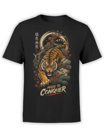 Black tiger graphic tee with blossoms, curling waves, Asian-inspired artwork, and a Made to Conquer message