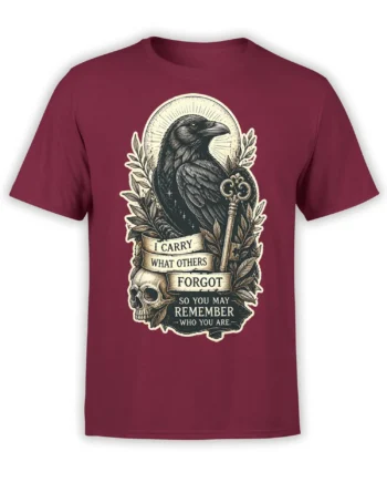 Front of burgundy T-shirt with vintage raven, skull, ornate key, halo, and memory-themed banner