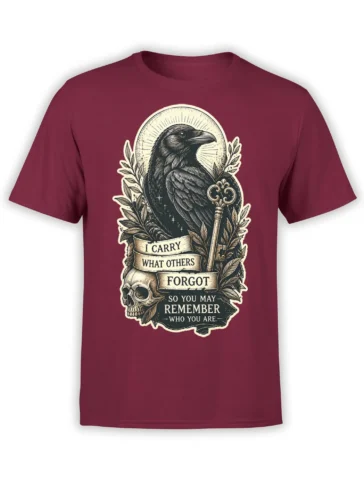 Front of burgundy T-shirt with vintage raven, skull, ornate key, halo, and memory-themed banner