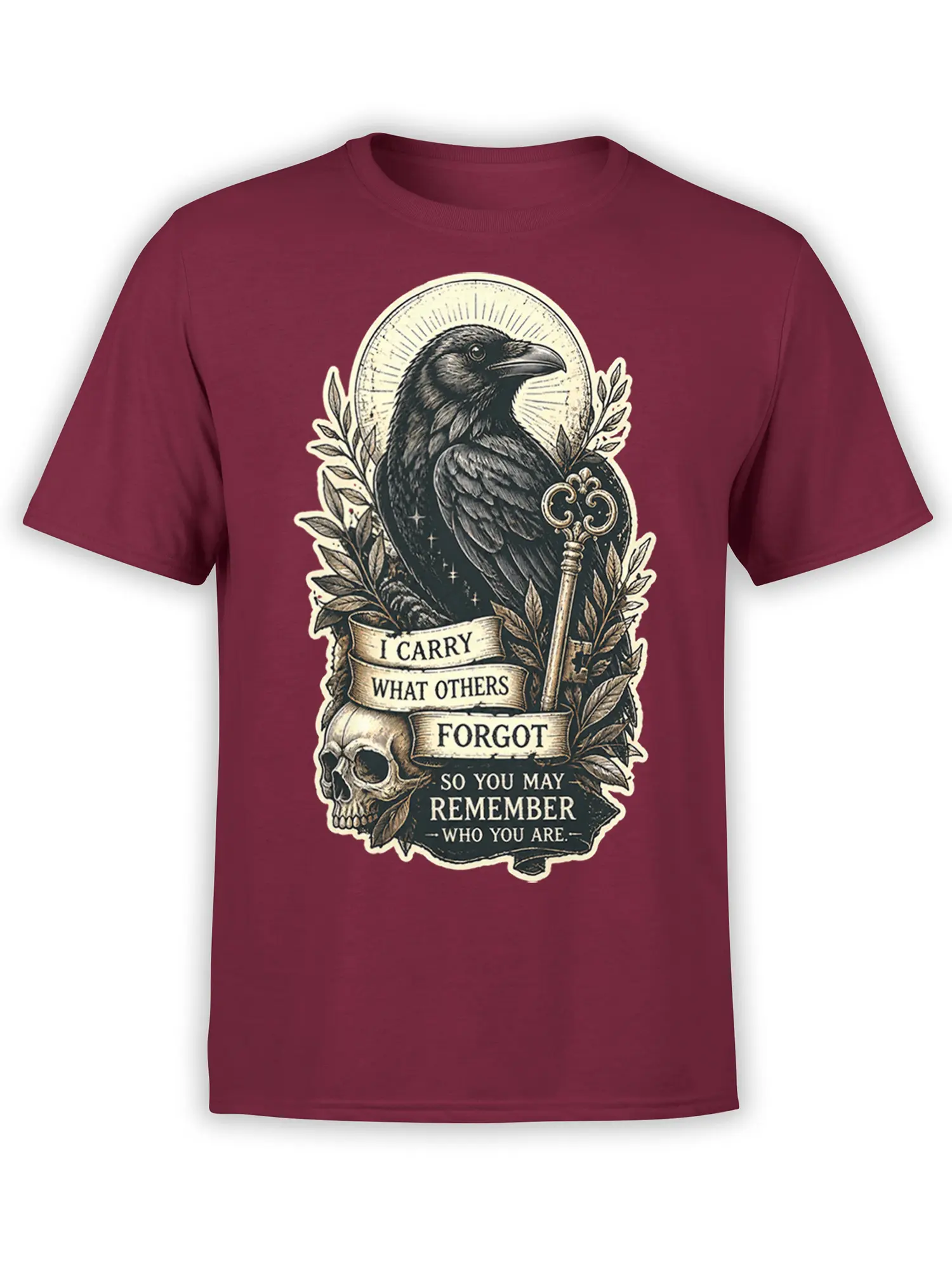 Front of burgundy T-shirt with vintage raven, skull, ornate key, halo, and memory-themed banner