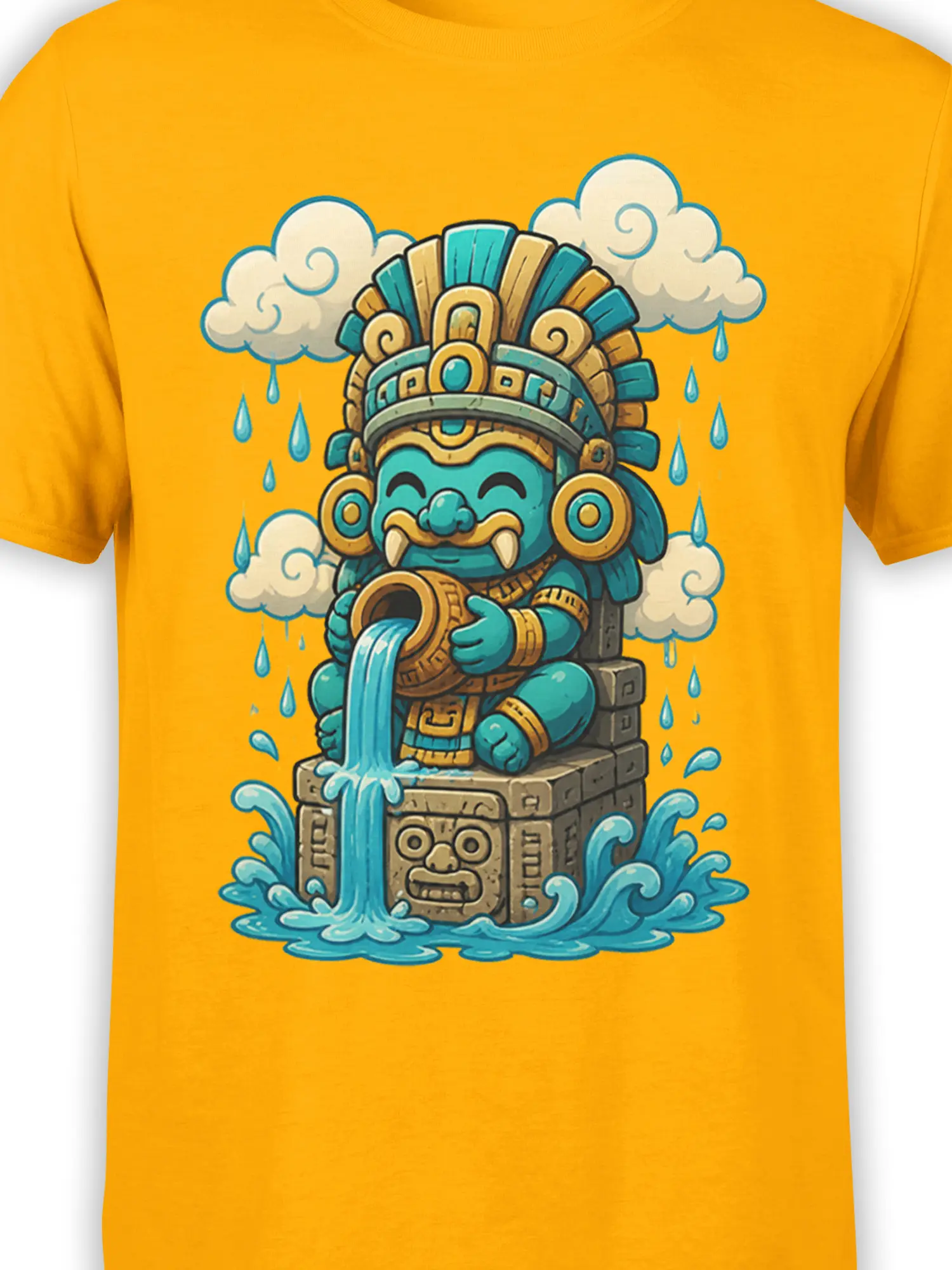 Close-up of the turquoise rain guardian, ornate headdress, water vessel, rain clouds, and carved temple artwork on an orange shirt