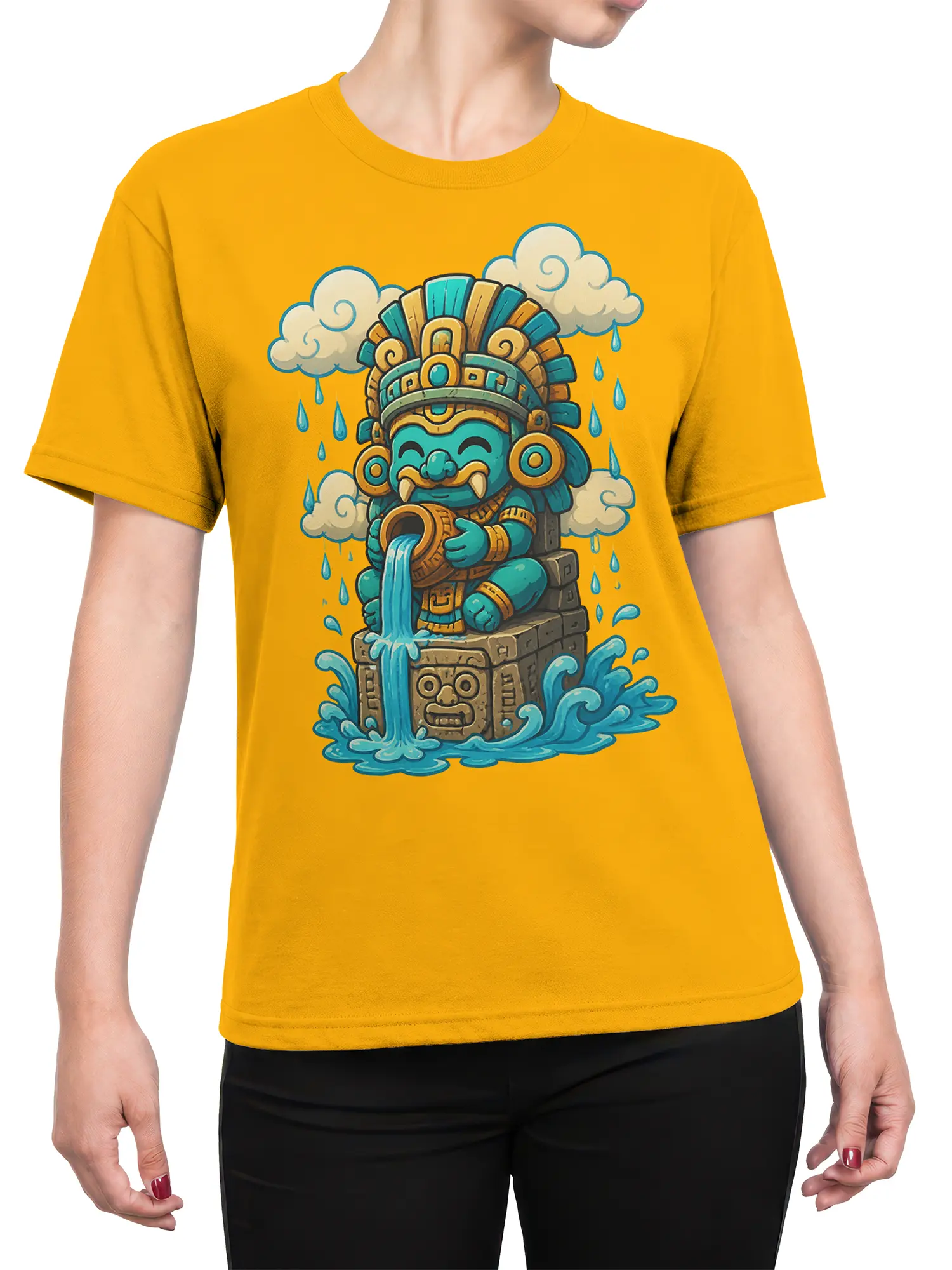Female torso wearing an orange T-shirt with a turquoise rain guardian and carved temple graphic