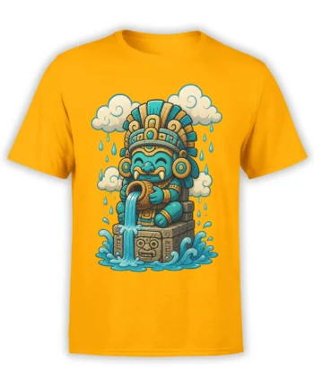 Orange T-shirt with a turquoise rain guardian pouring water from a vessel above a carved stone temple