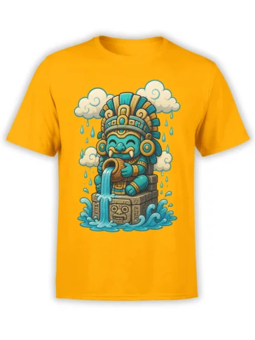 Orange T-shirt with a turquoise rain guardian pouring water from a vessel above a carved stone temple