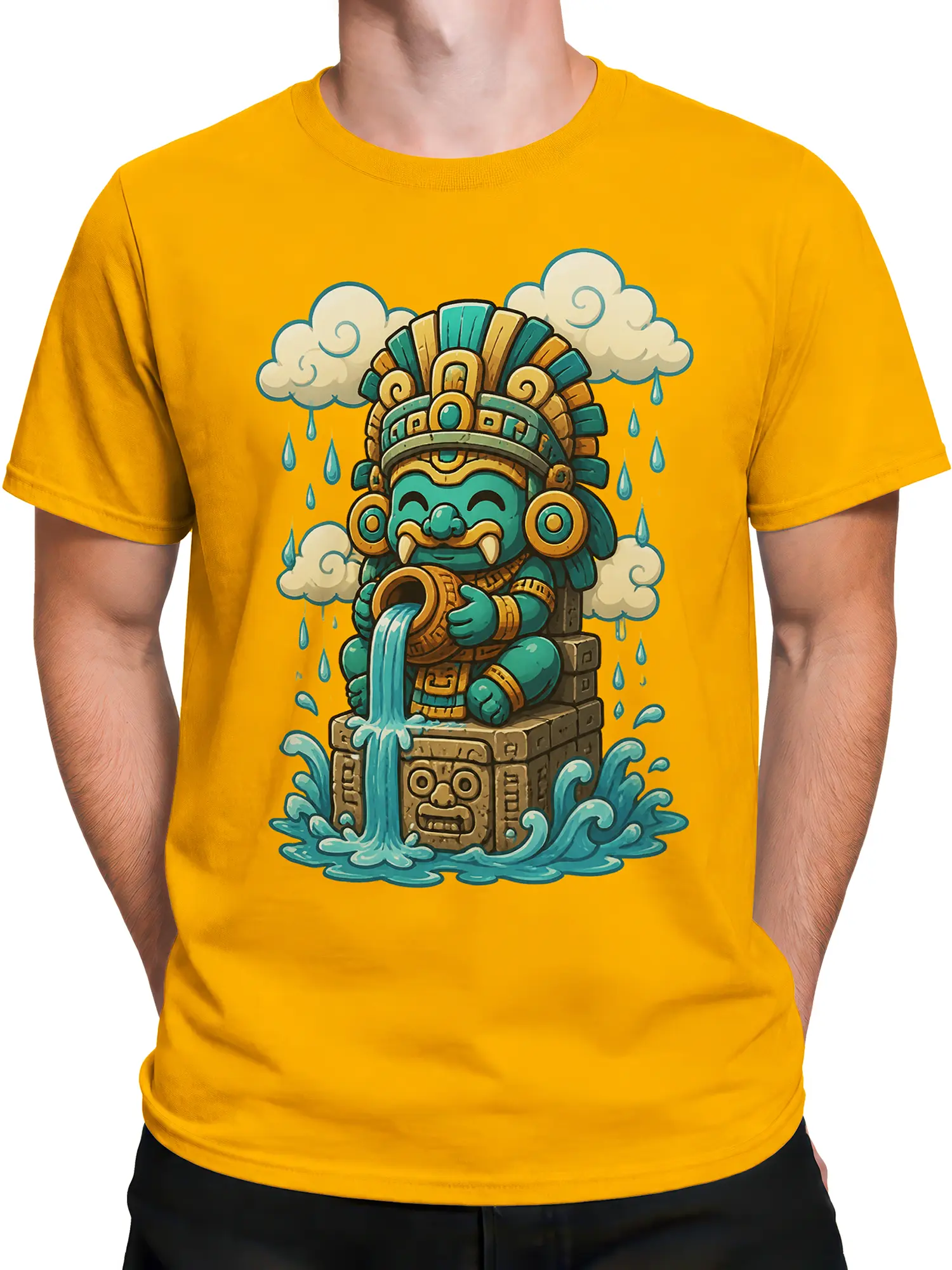 Male torso wearing an orange T-shirt with a turquoise rain guardian and water temple graphic