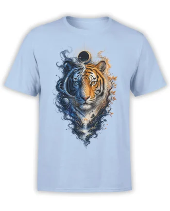 Light blue T-shirt with an artistic twin tiger portrait, moonlight, branches, forest, rocks, and a waterfall