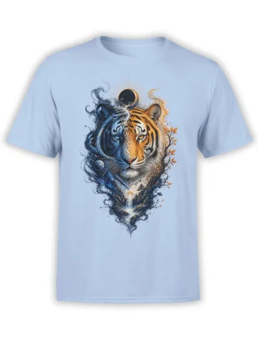 Light blue T-shirt with an artistic twin tiger portrait, moonlight, branches, forest, rocks, and a waterfall