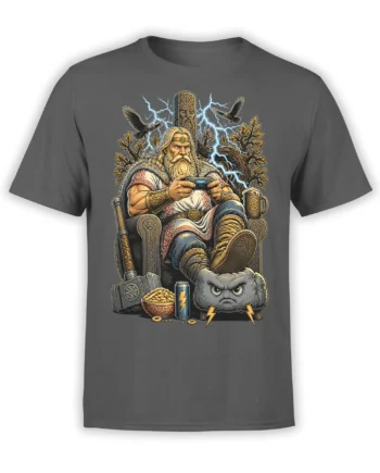 Gray Viking gamer T-shirt with bearded warrior on a throne, ravens, lightning, hammer, snacks, and controller