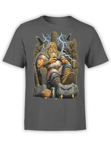 Gray Viking gamer T-shirt with bearded warrior on a throne, ravens, lightning, hammer, snacks, and controller