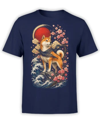 Nav​​y T-shirt featuring an orange-and-white dog, cherry blossoms, ocean waves, clouds, and a red sun
