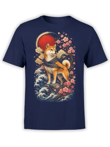 Nav​​y T-shirt featuring an orange-and-white dog, cherry blossoms, ocean waves, clouds, and a red sun