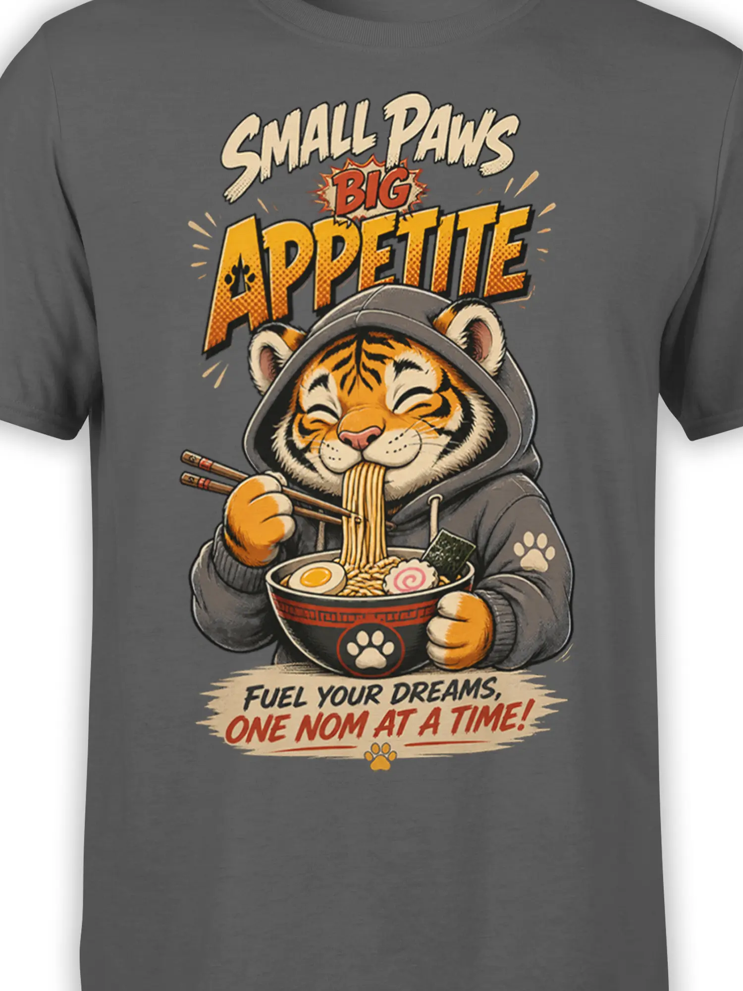 Close-up of the tiger ramen graphic with chopsticks, noodle bowl, paw details, and vintage lettering on gray fabric