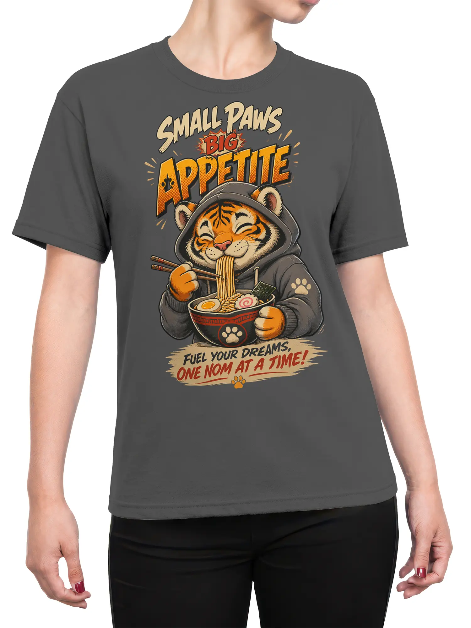 Female torso wearing a gray tiger ramen T-shirt with a hooded orange tiger, chopsticks, and bold appetite lettering