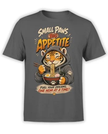 Gray T-shirt with a hungry orange tiger eating ramen, holding chopsticks beneath bold vintage lettering