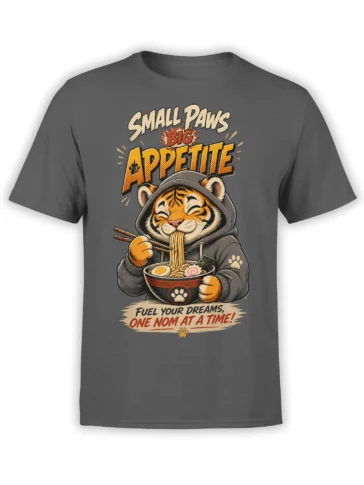 Gray T-shirt with a hungry orange tiger eating ramen, holding chopsticks beneath bold vintage lettering