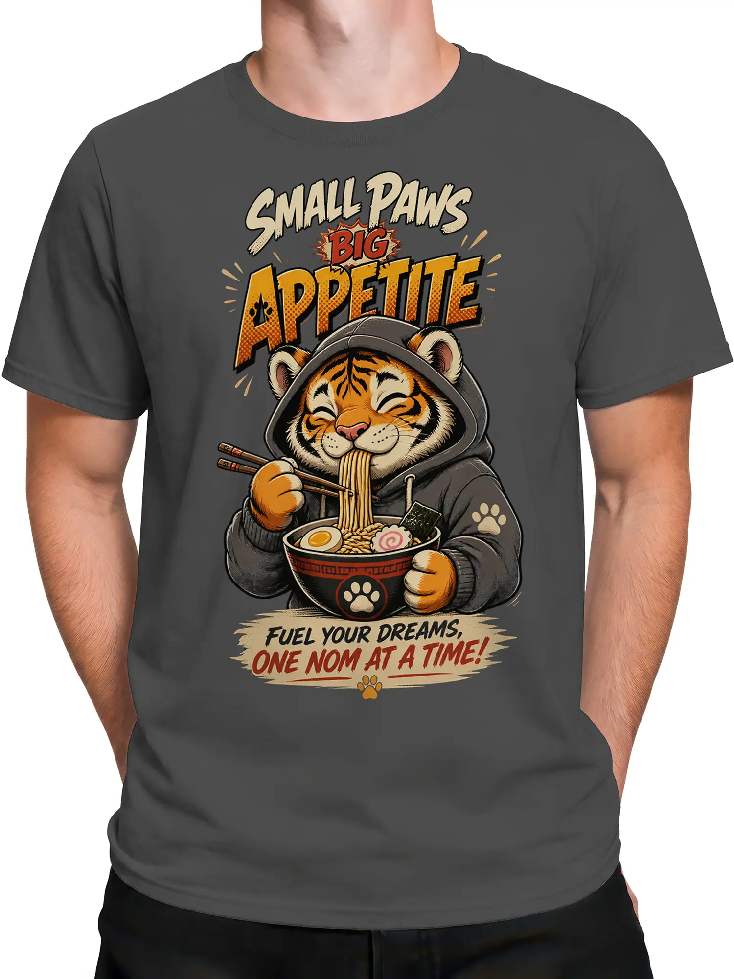 Male torso wearing a gray ramen T-shirt with a hooded tiger eating noodles and bold vintage graphic text