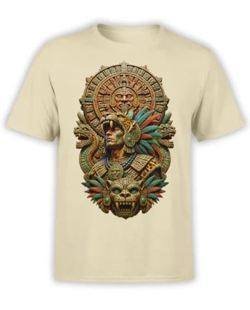 Mesoamerican-inspired warrior T-shirt with jaguar headdress, sun disc, feathers, and carved masks on beige