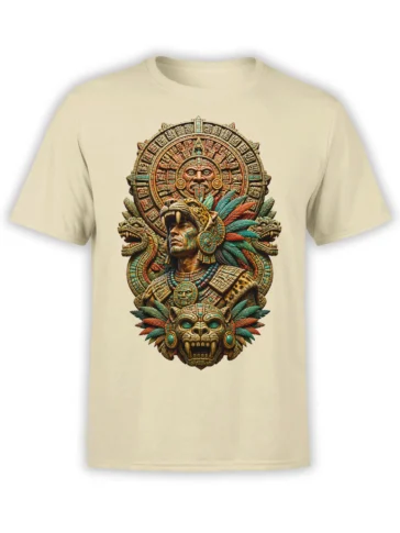 Mesoamerican-inspired warrior T-shirt with jaguar headdress, sun disc, feathers, and carved masks on beige