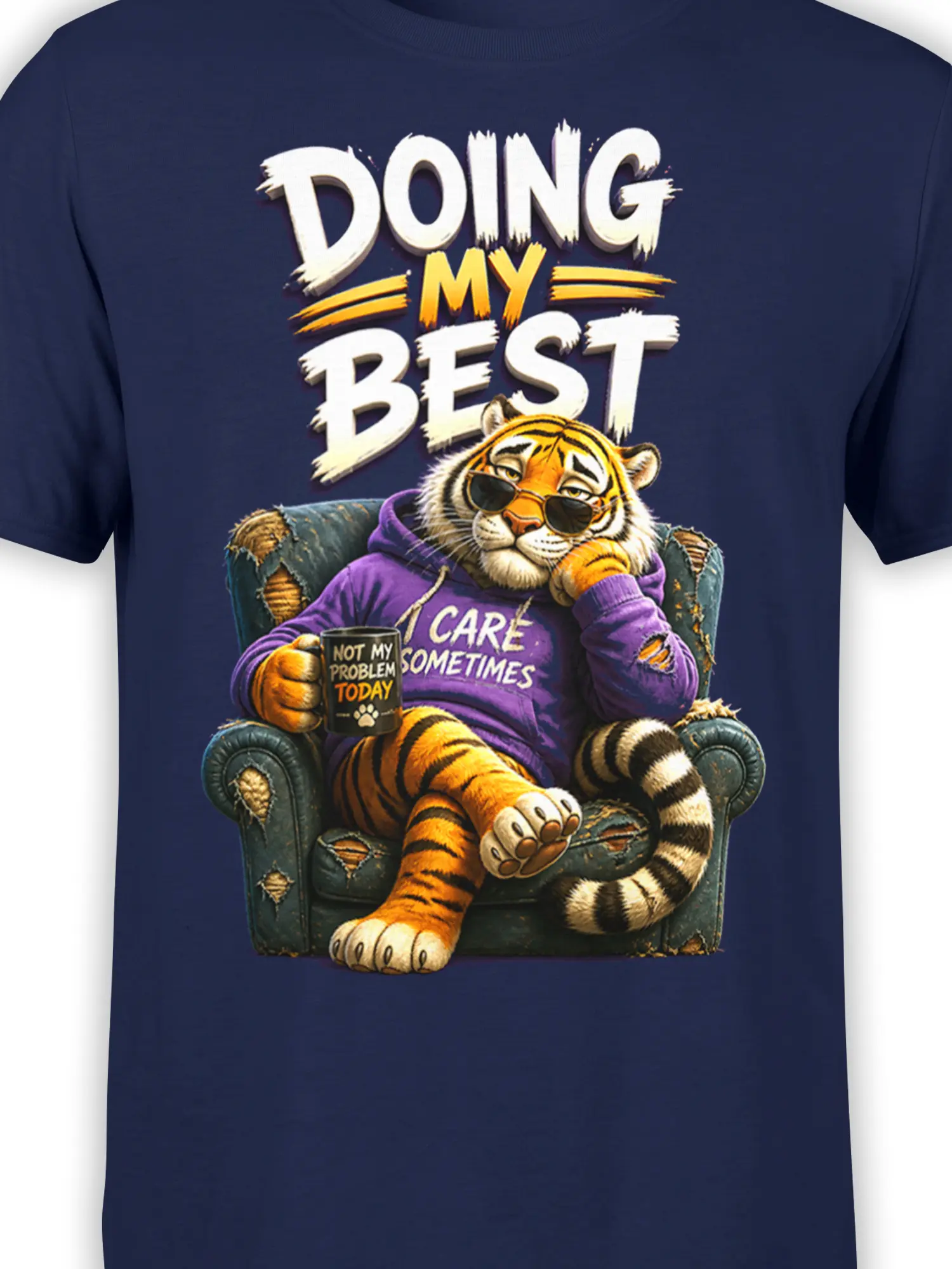 Close-up of relaxed striped tiger artwork, sunglasses, purple hoodie, coffee mug, and lettering on navy fabric
