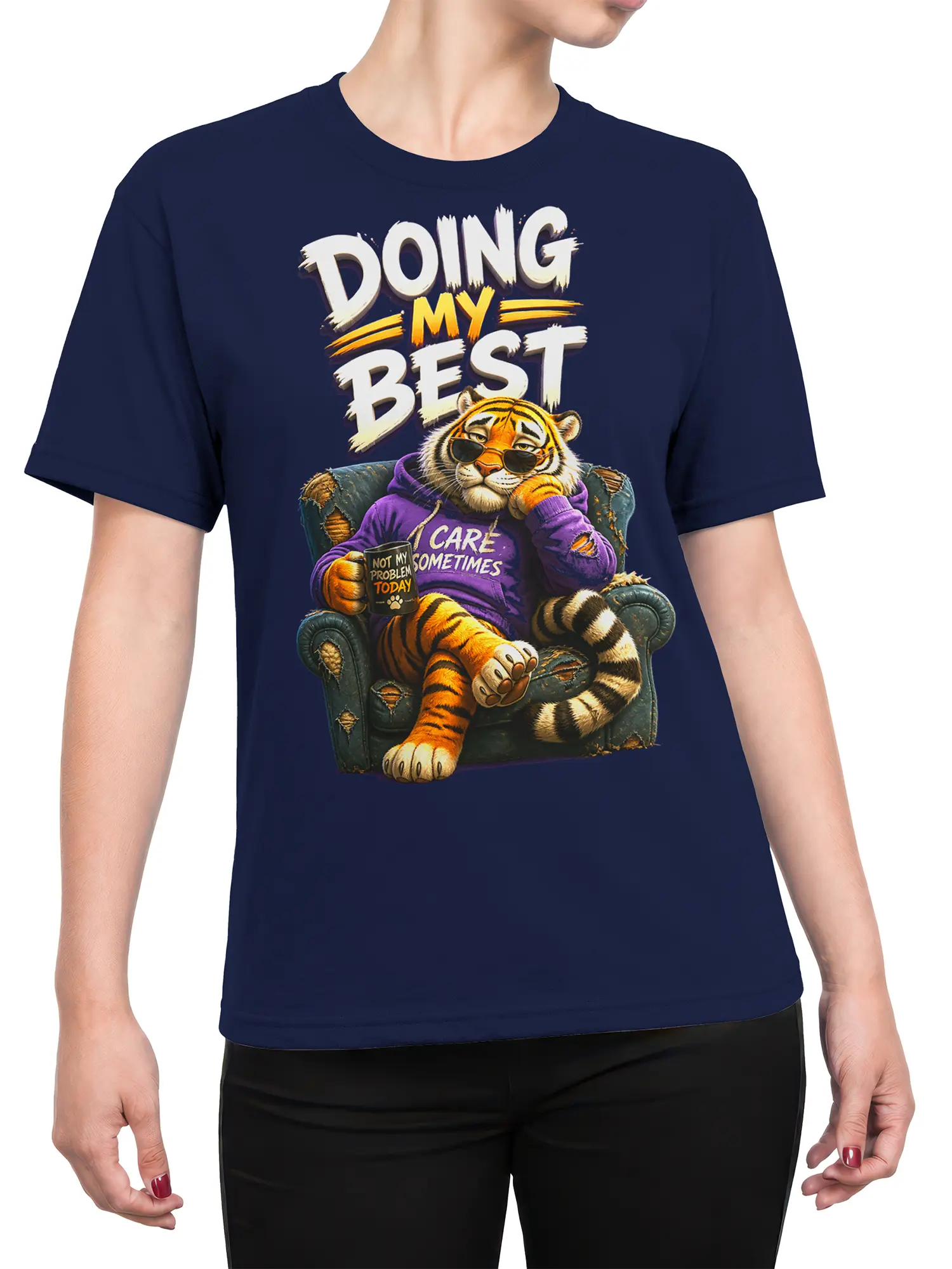 Female torso wearing a navy T-shirt with a relaxed striped tiger, coffee mug, and sarcastic lettering