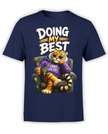 Striped tiger in sunglasses and a purple hoodie holding a coffee mug on a navy graphic T-shirt
