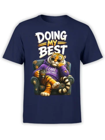 Striped tiger in sunglasses and a purple hoodie holding a coffee mug on a navy graphic T-shirt