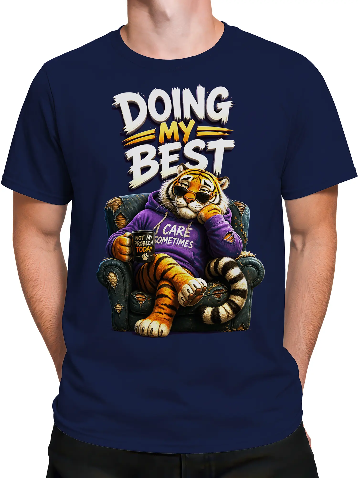 Male torso wearing a navy tiger graphic T-shirt with sunglasses, coffee, and humorous motivational lettering