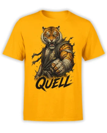 Yellow T-shirt featuring a fierce tiger warrior in a dark robe with a raised fist and QUELL lettering