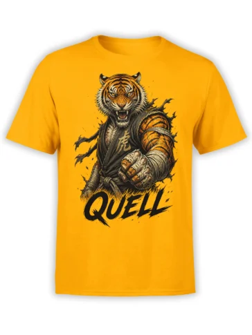 Yellow T-shirt featuring a fierce tiger warrior in a dark robe with a raised fist and QUELL lettering
