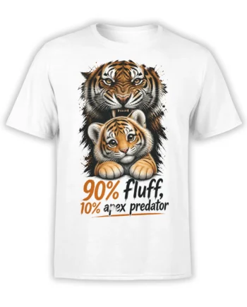 White T-shirt with adult tiger and cub graphic and “90% fluff, 10% apex predator” text
