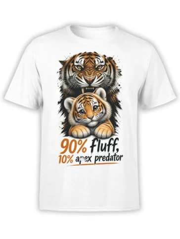 White T-shirt with adult tiger and cub graphic and “90% fluff, 10% apex predator” text
