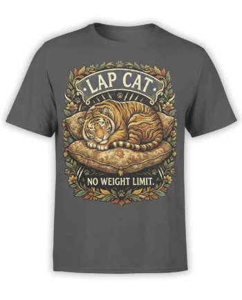Vintage tiger graphic on a gray T-shirt with “Lap Cat” and “No Weight Limit” lettering