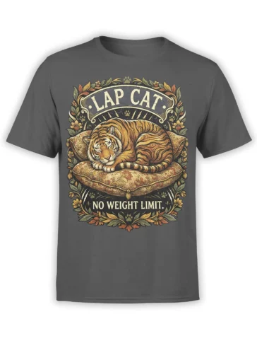 Vintage tiger graphic on a gray T-shirt with “Lap Cat” and “No Weight Limit” lettering