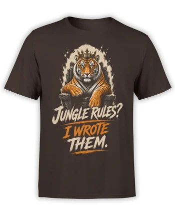 Crowned orange tiger seated on a throne with jungle rules lettering on a dark brown T-shirt