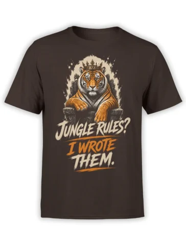 Crowned orange tiger seated on a throne with jungle rules lettering on a dark brown T-shirt