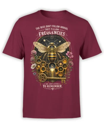 Mystical honey bee graphic with sacred geometry, flowers, and a golden key on a burgundy shirt
