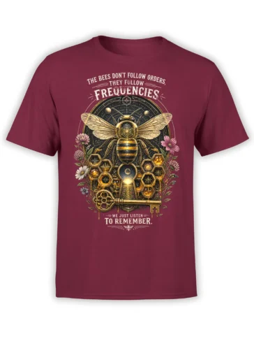 Mystical honey bee graphic with sacred geometry, flowers, and a golden key on a burgundy shirt