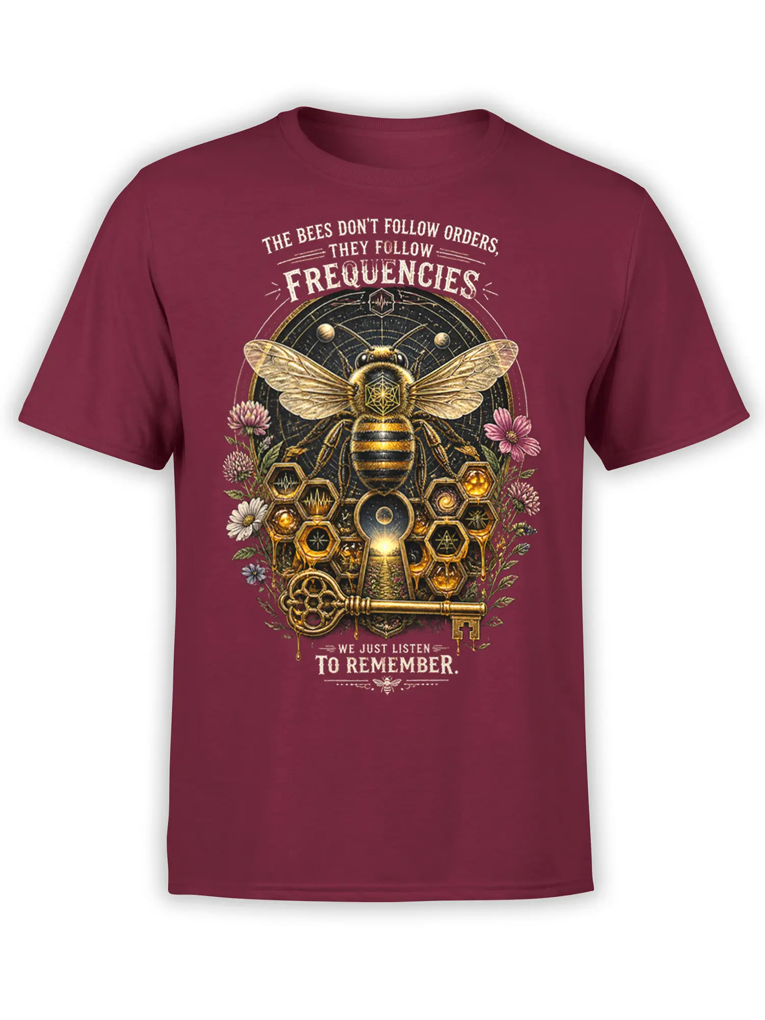 Mystical honey bee graphic with sacred geometry, flowers, and a golden key on a burgundy shirt
