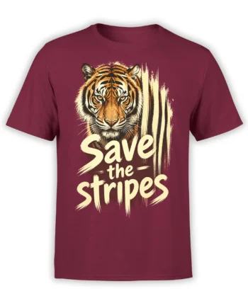Fierce striped tiger portrait and “Save the Stripes” lettering on a burgundy graphic T-shirt