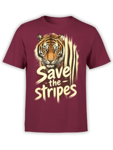 Fierce striped tiger portrait and “Save the Stripes” lettering on a burgundy graphic T-shirt