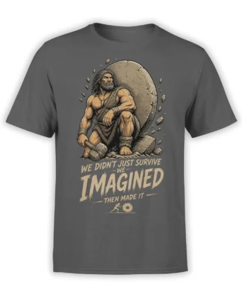 Brown caveman t-shirt with a bearded figure, stone wheel, hammer, and bold survival message