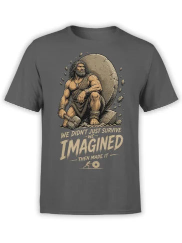 Brown caveman t-shirt with a bearded figure, stone wheel, hammer, and bold survival message