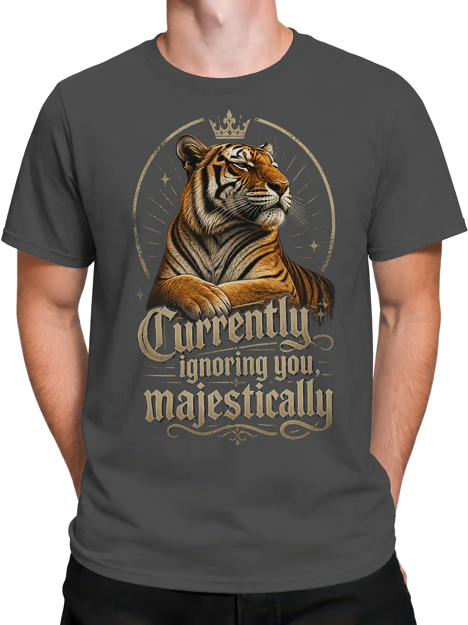 Male torso wearing a gray tiger graphic tee with a crown and “Currently ignoring you” lettering