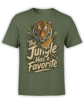 Olive green tiger t-shirt with jungle foliage and “The Jungle Has a Favorite” graphic
