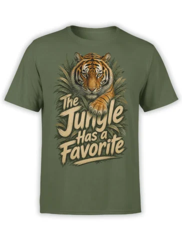 Olive green tiger t-shirt with jungle foliage and “The Jungle Has a Favorite” graphic
