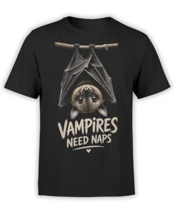 Black T-shirt with an upside-down bat, branch, and “Vampires Need Naps” graphic in cream lettering