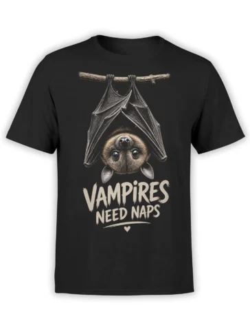 Black T-shirt with an upside-down bat, branch, and “Vampires Need Naps” graphic in cream lettering